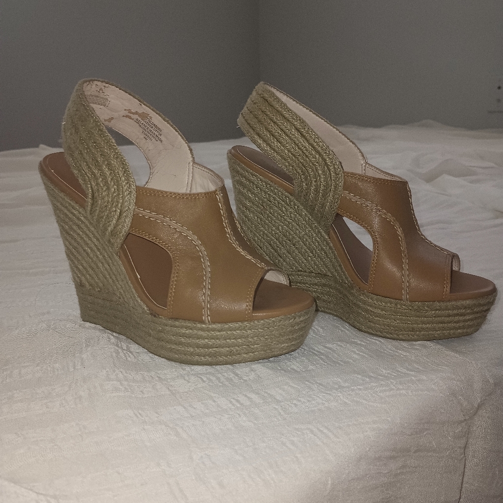 Tan Wedge Shoes with Platform Soles and Ankle Straps